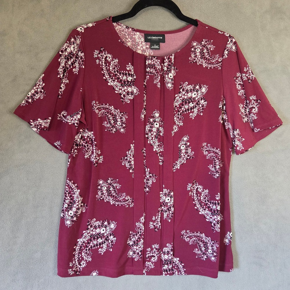 Liz Claiborne Career Paisley Pleated Top Women Small Office Modest Classic